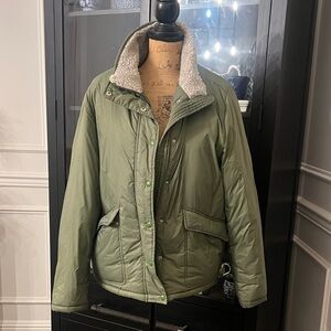 J. Crew Green Puffer Jacket with Sherpa Collar